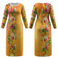 Hawaiian Tropical Fruits and Plants Couples Matching Long Sleeve Bodycon Dress and Long Sleeve Button Shirt Kakau Pattern Summer Vibe
