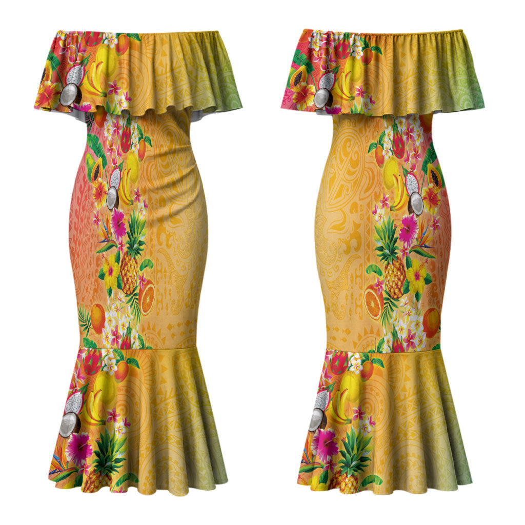 Hawaiian Tropical Fruits and Plants Couples Matching Mermaid Dress and Long Sleeve Button Shirt Kakau Pattern Summer Vibe