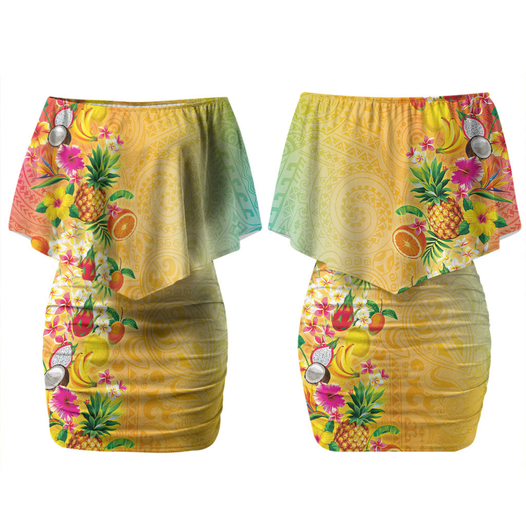 Hawaiian Tropical Fruits and Plants Couples Matching Off Shoulder Short Dress and Hawaiian Shirt Kakau Pattern Summer Vibe