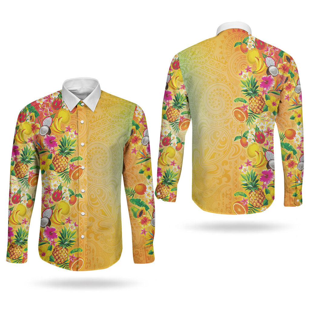 Hawaiian Tropical Fruits and Plants Couples Matching Off The Shoulder Long Sleeve Dress and Long Sleeve Button Shirt Kakau Pattern Summer Vibe