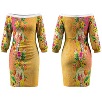 Hawaiian Tropical Fruits and Plants Couples Matching Off The Shoulder Long Sleeve Dress and Long Sleeve Button Shirt Kakau Pattern Summer Vibe
