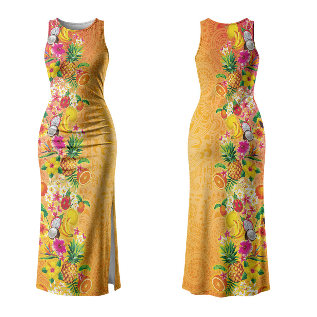 Hawaiian Tropical Fruits and Plants Couples Matching Tank Maxi Dress and Hawaiian Shirt Kakau Pattern Summer Vibe