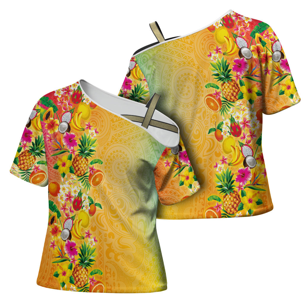 Hawaiian Tropical Fruits and Plants Cross Shoulder Shirt Kakau Pattern Summer Vibe