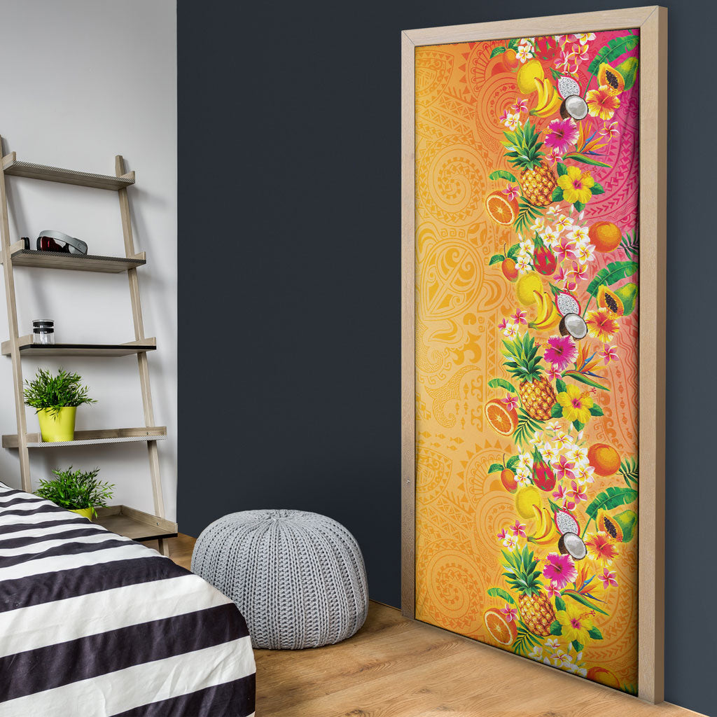 Hawaiian Tropical Fruits and Plants Door Cover Kakau Pattern Summer Vibe