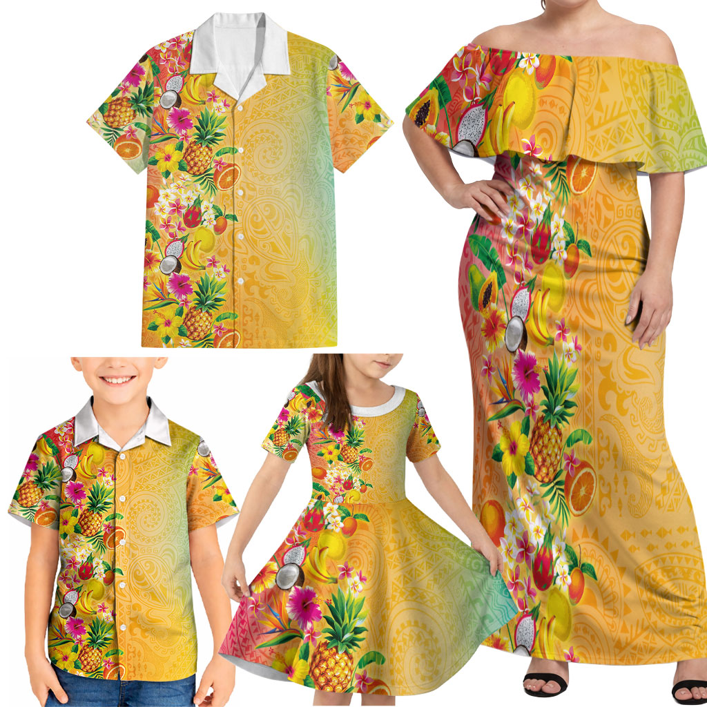Hawaiian Tropical Fruits and Plants Family Matching Off Shoulder Maxi Dress and Hawaiian Shirt Kakau Pattern Summer Vibe LT03 - Polynesian Pride