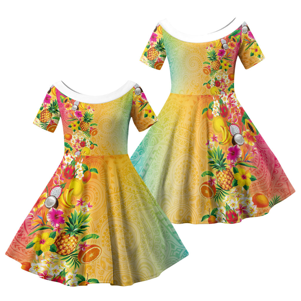 Hawaiian Tropical Fruits and Plants Family Matching Off Shoulder Maxi Dress and Hawaiian Shirt Kakau Pattern Summer Vibe