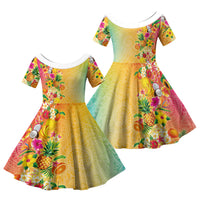 Hawaiian Tropical Fruits and Plants Family Matching Off Shoulder Short Dress and Hawaiian Shirt Kakau Pattern Summer Vibe