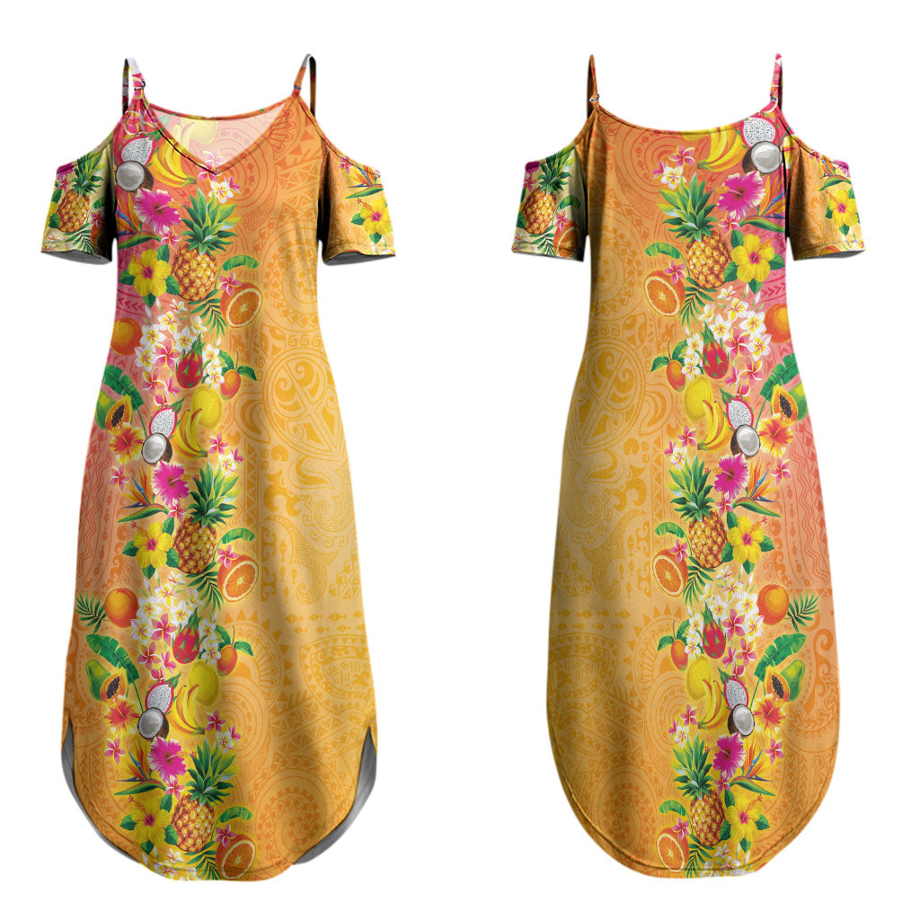 Hawaiian Tropical Fruits and Plants Family Matching Summer Maxi Dress and Hawaiian Shirt Kakau Pattern Summer Vibe