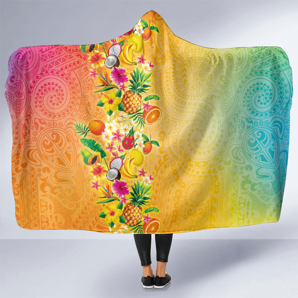 Hawaiian Tropical Fruits and Plants Hooded Blanket Kakau Pattern Summer Vibe
