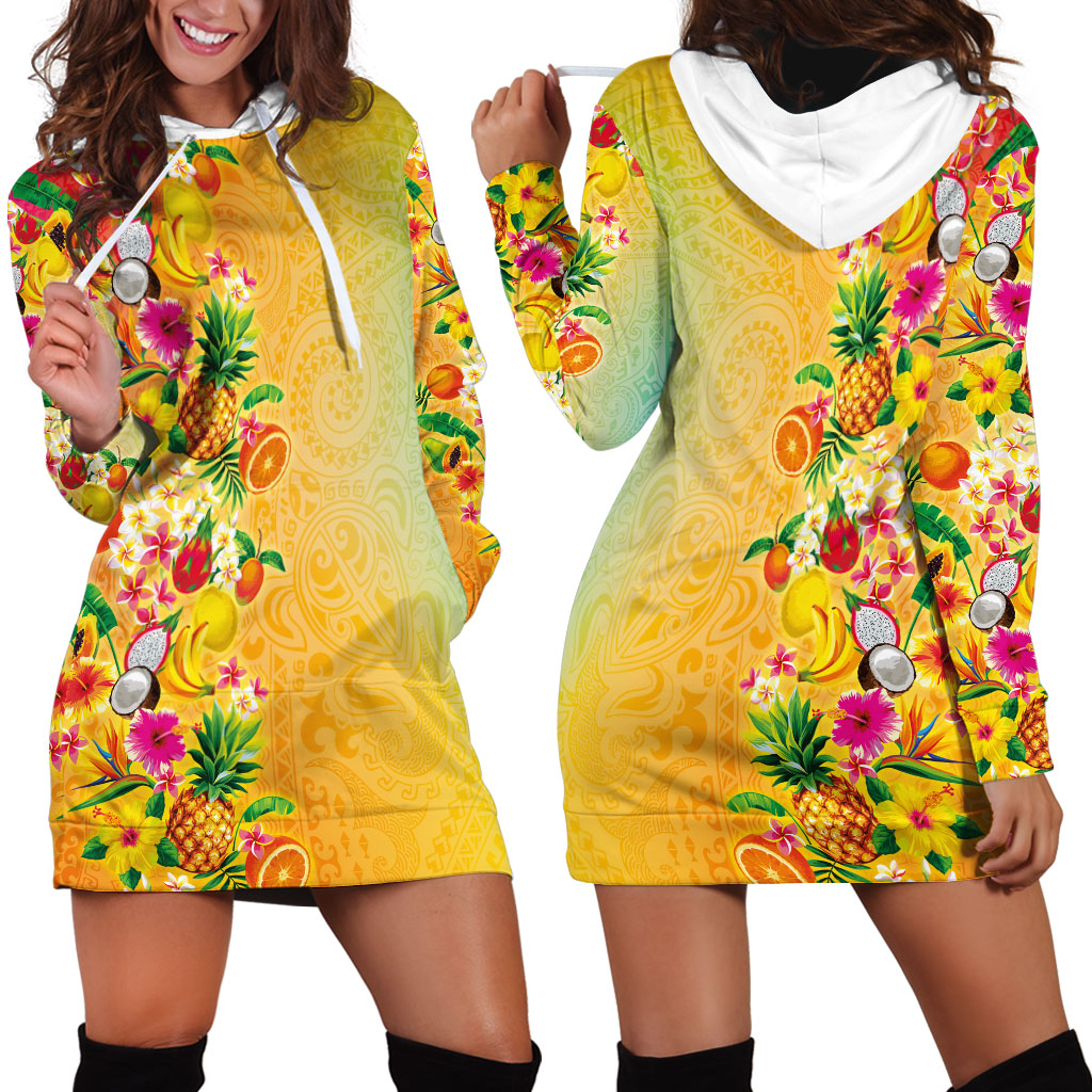 Hawaiian Tropical Fruits and Plants Hoodie Dress Kakau Pattern Summer Vibe