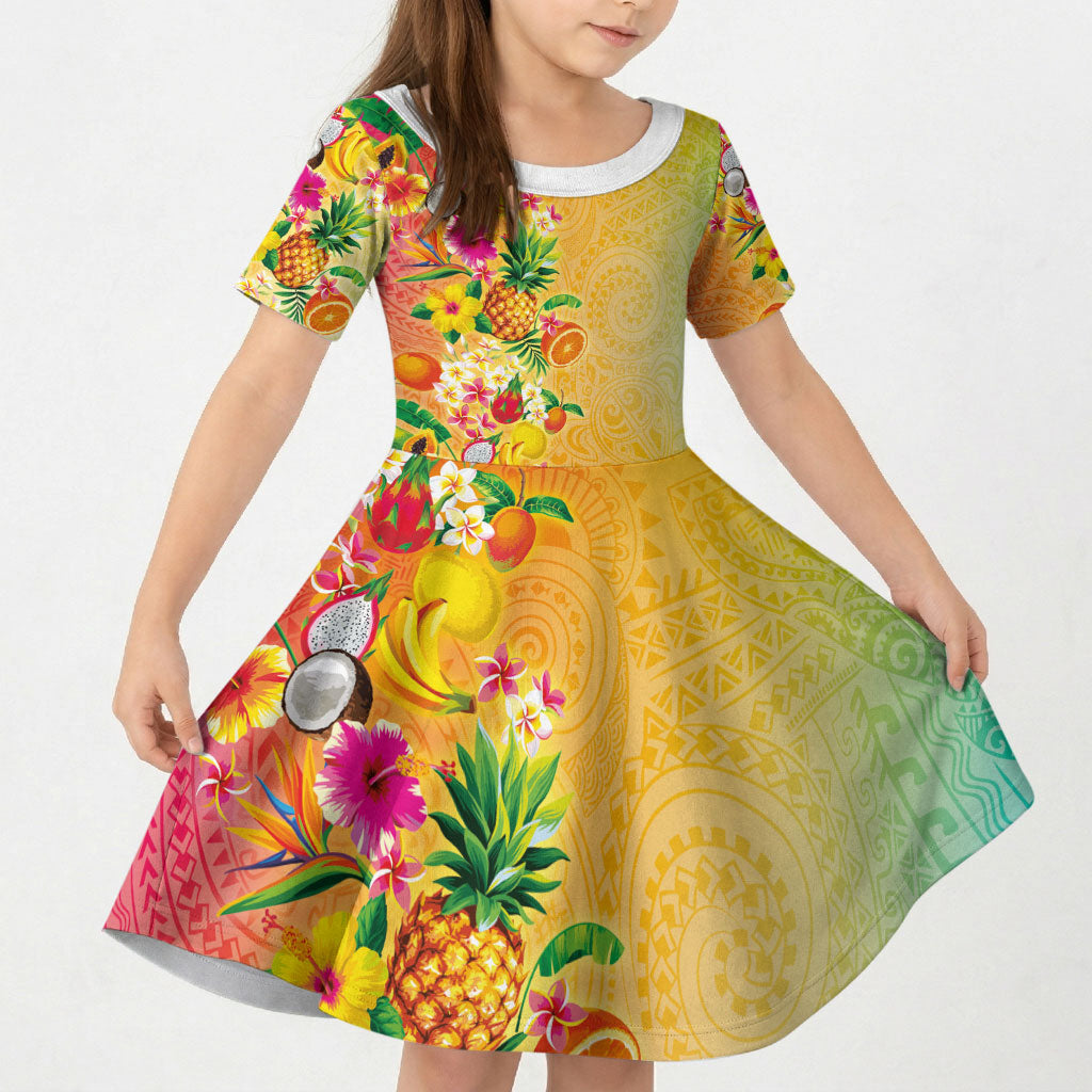 Hawaiian Tropical Fruits and Plants Kid Short Sleeve Dress Kakau Pattern Summer Vibe
