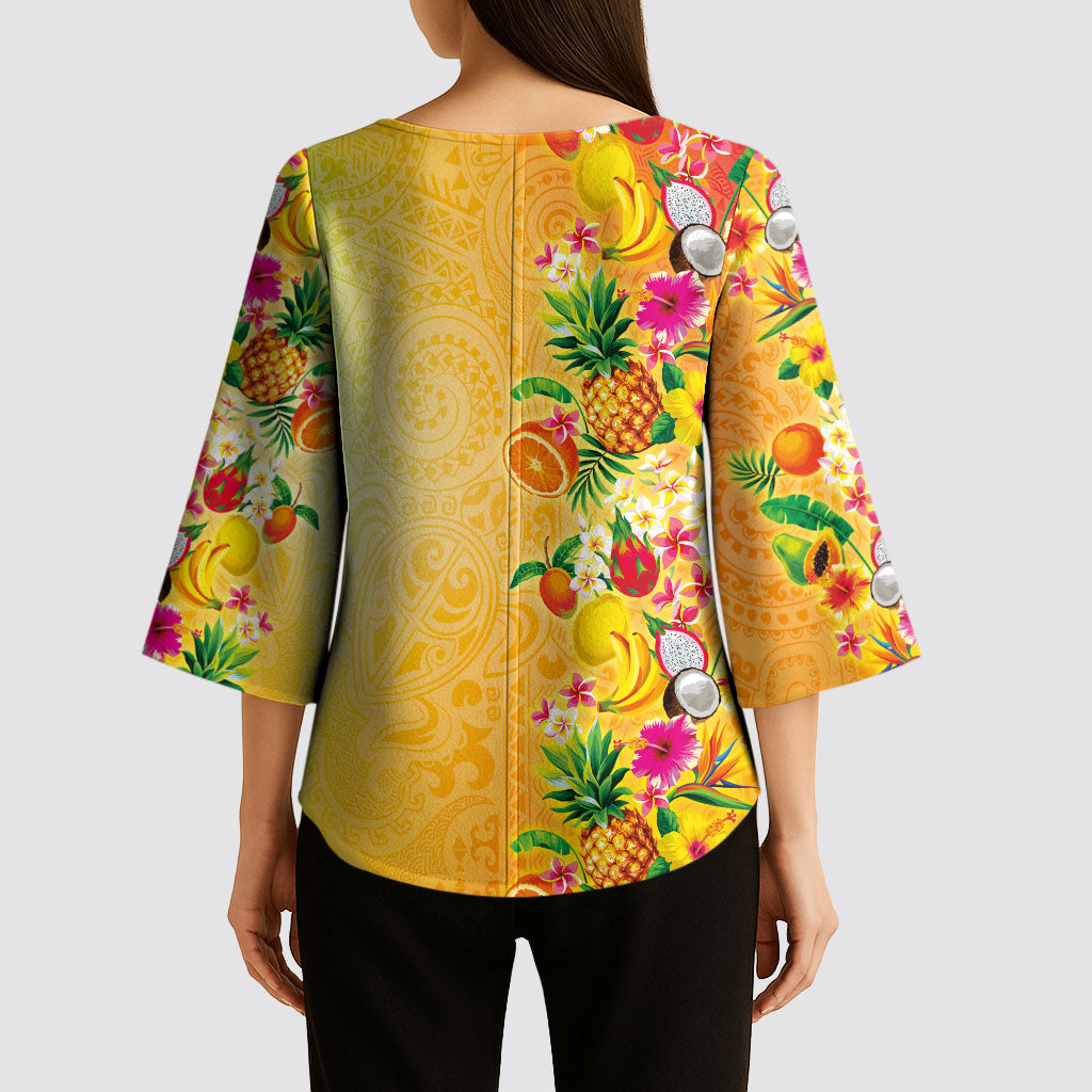 Hawaiian Tropical Fruits and Plants Kimono Sleeve Blouse Kakau Pattern Summer Vibe