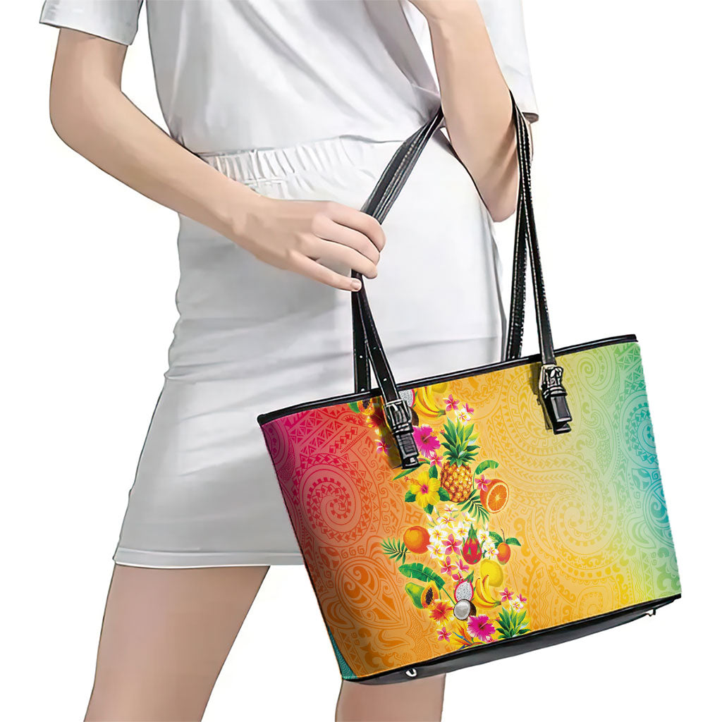 Hawaiian Tropical Fruits and Plants Leather Tote Bag Kakau Pattern Summer Vibe