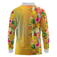 Hawaiian Tropical Fruits and Plants Long Sleeve Polo Shirt Kakau Pattern Summer Vibe