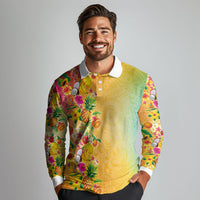 Hawaiian Tropical Fruits and Plants Long Sleeve Polo Shirt Kakau Pattern Summer Vibe