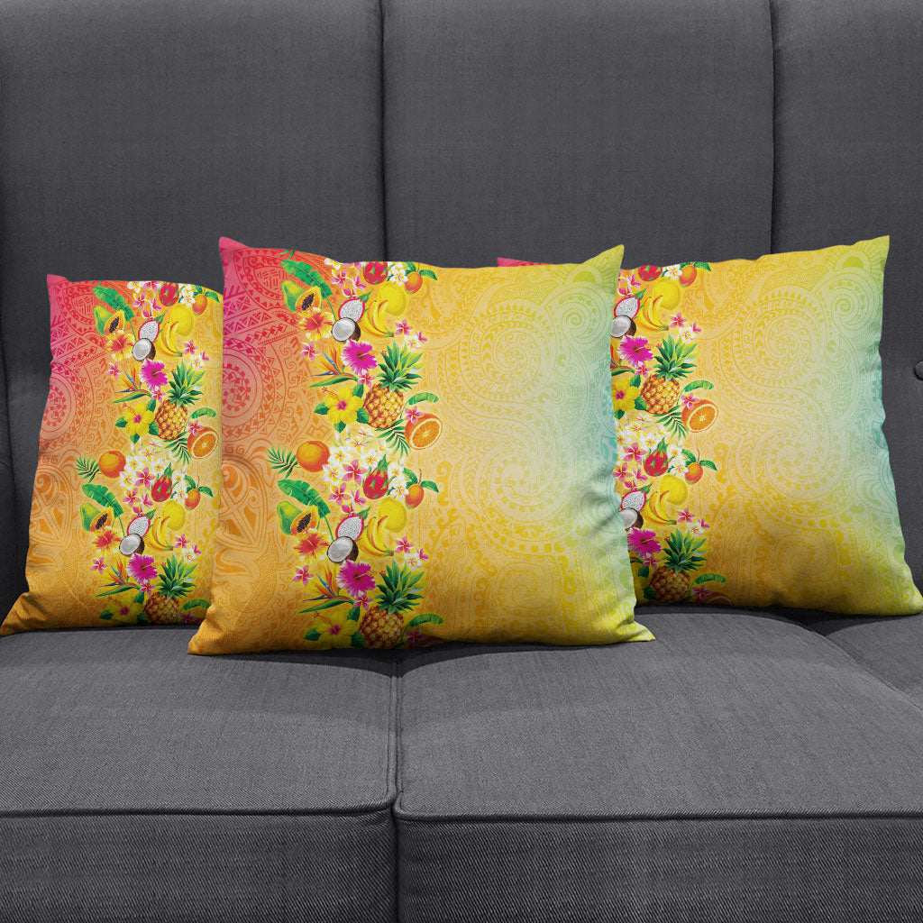 Hawaiian Tropical Fruits and Plants Pillow Cover Kakau Pattern Summer Vibe
