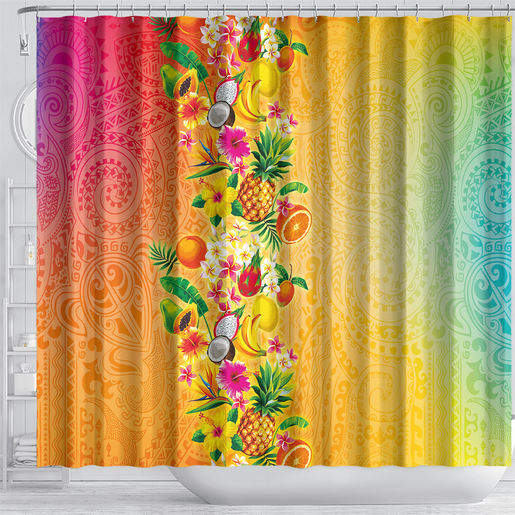 Hawaiian Tropical Fruits and Plants Shower Curtain Kakau Pattern Summer Vibe