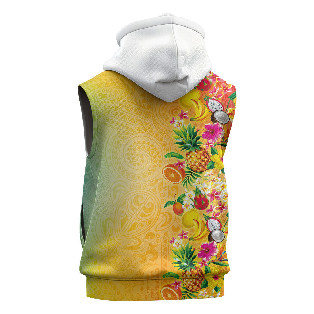 Hawaiian Tropical Fruits and Plants Sleeveless Hoodie Kakau Pattern Summer Vibe