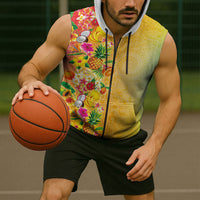 Hawaiian Tropical Fruits and Plants Sleeveless Zip Hoodie Kakau Pattern Summer Vibe