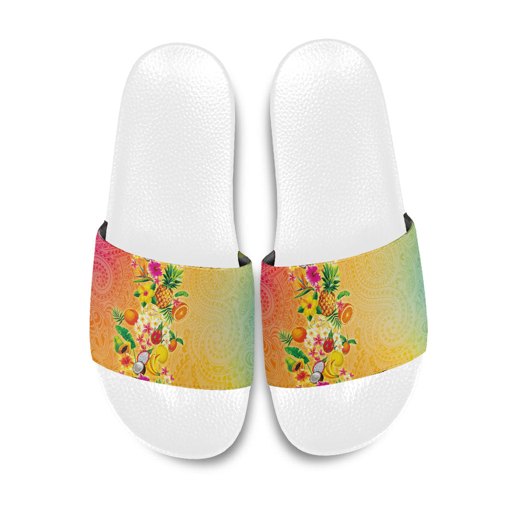 Hawaiian Tropical Fruits and Plants Slide Sandals Kakau Pattern Summer Vibe