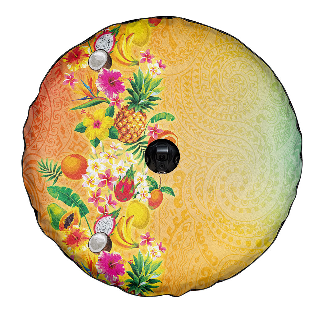Hawaiian Tropical Fruits and Plants Spare Tire Cover Kakau Pattern Summer Vibe