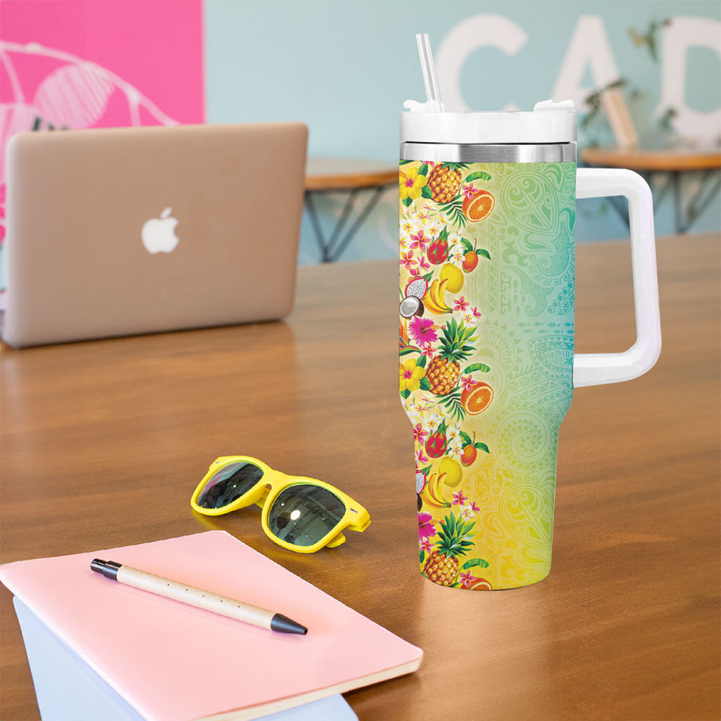 Hawaiian Tropical Fruits and Plants Tumbler With Handle Kakau Pattern Summer Vibe