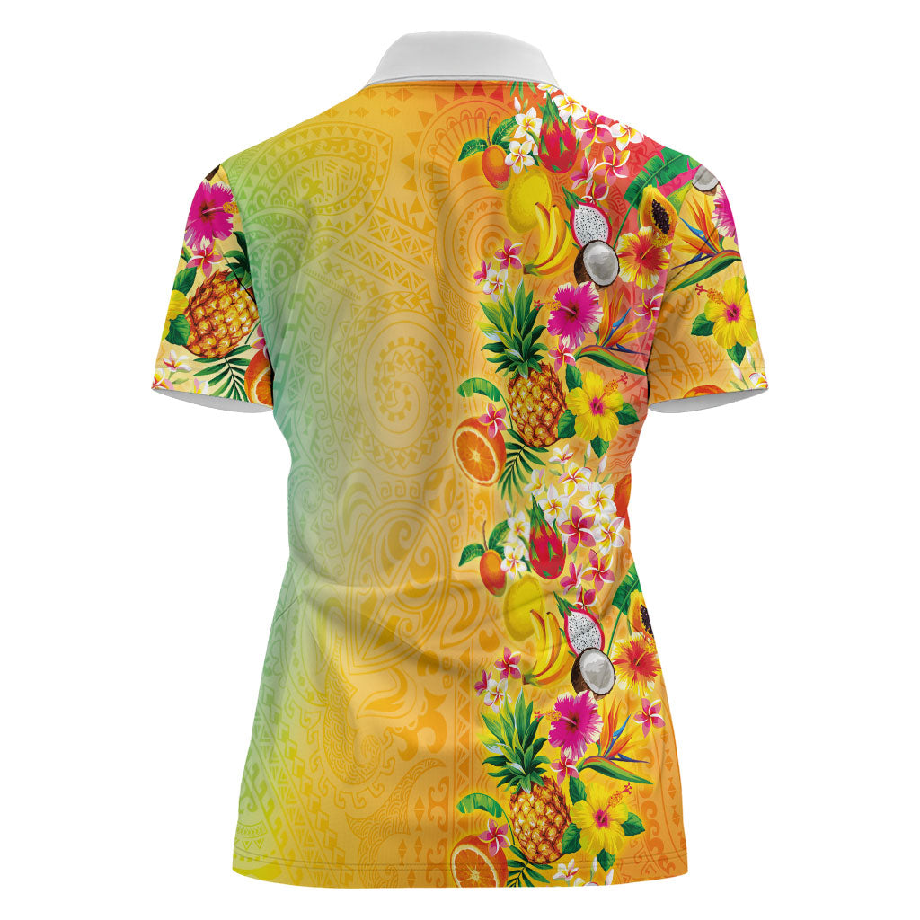 Hawaiian Tropical Fruits and Plants Women Polo Shirt Kakau Pattern Summer Vibe