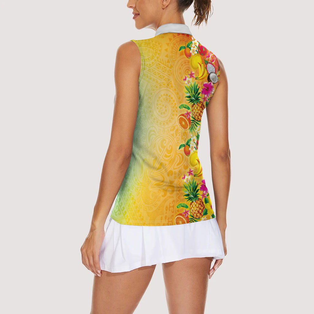 Hawaiian Tropical Fruits and Plants Women Sleeveless Polo Shirt Kakau Pattern Summer Vibe