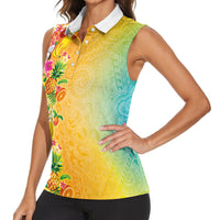 Hawaiian Tropical Fruits and Plants Women Sleeveless Polo Shirt Kakau Pattern Summer Vibe