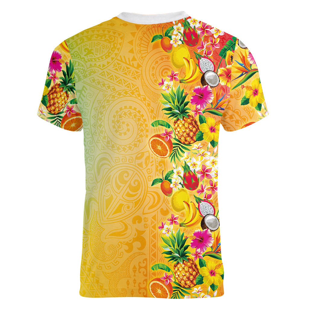 Hawaiian Tropical Fruits and Plants Women V-Neck T-Shirt Kakau Pattern Summer Vibe