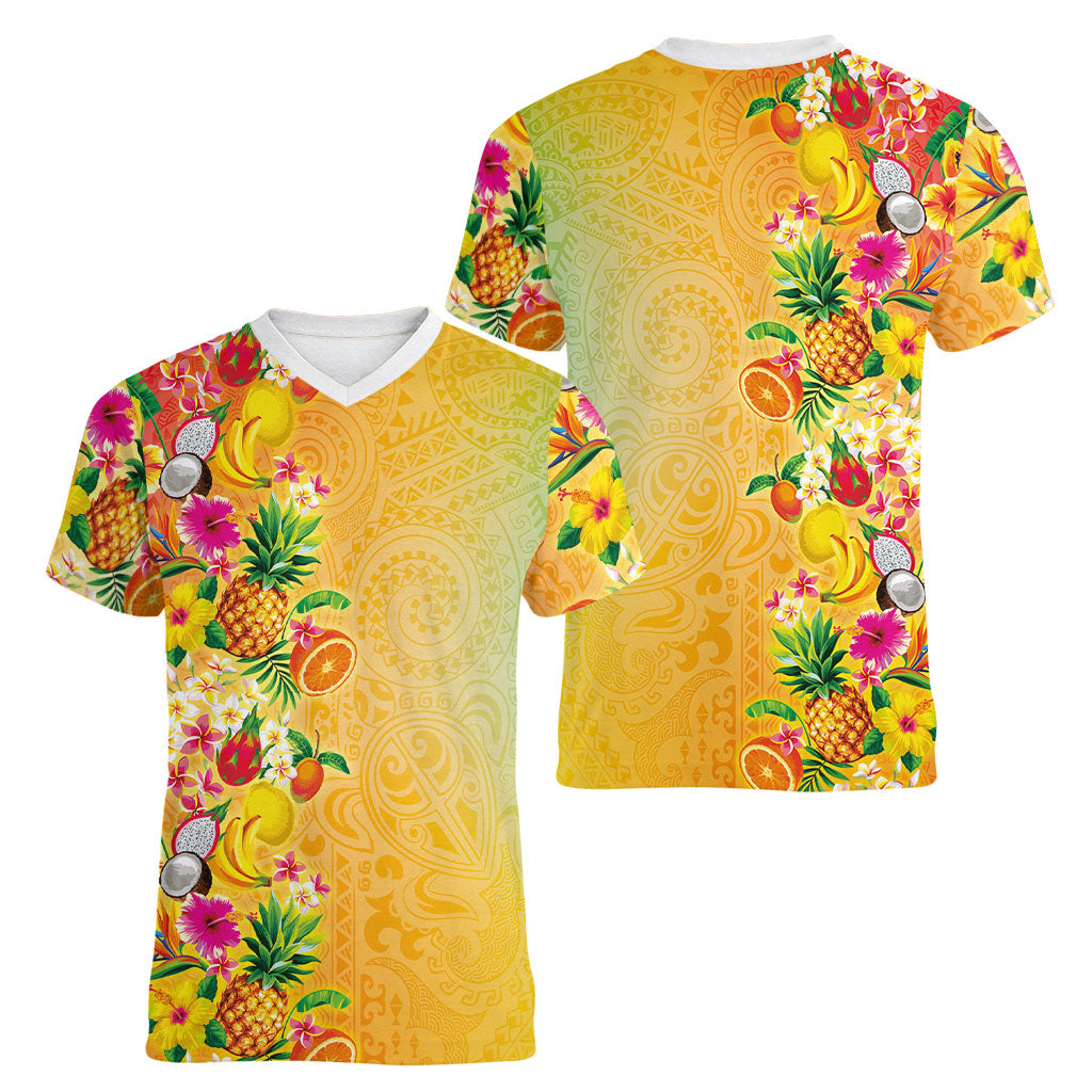 Hawaiian Tropical Fruits and Plants Women V-Neck T-Shirt Kakau Pattern Summer Vibe