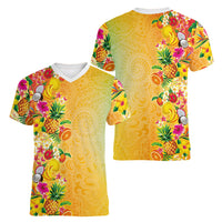 Hawaiian Tropical Fruits and Plants Women V-Neck T-Shirt Kakau Pattern Summer Vibe
