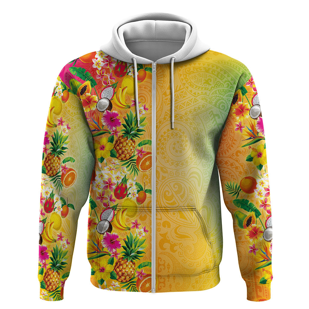 Hawaiian Tropical Fruits and Plants Zip Hoodie Kakau Pattern Summer Vibe