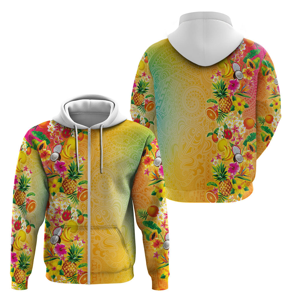 Hawaiian Tropical Fruits and Plants Zip Hoodie Kakau Pattern Summer Vibe