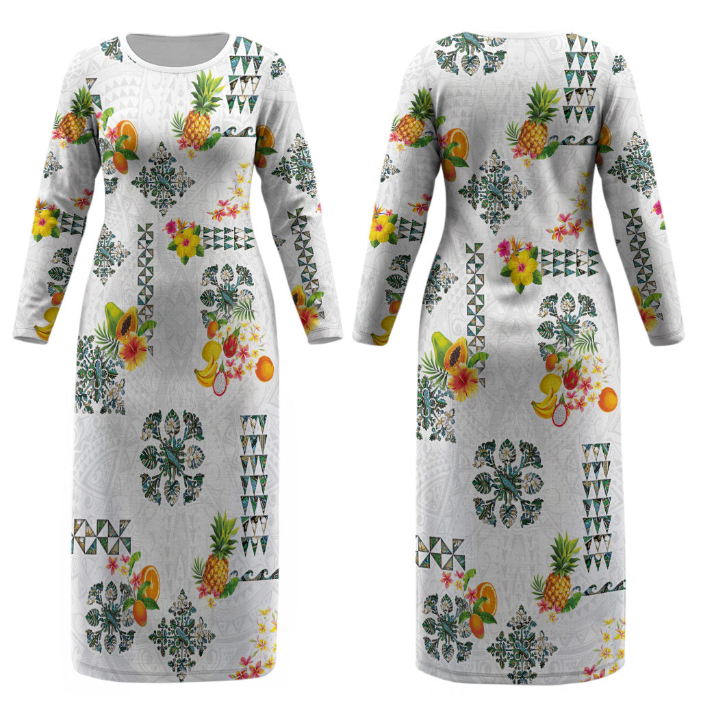 Hawaiian Quilts Couples Matching Long Sleeve Bodycon Dress and Long Sleeve Button Shirt Tropical Fruits and Plants