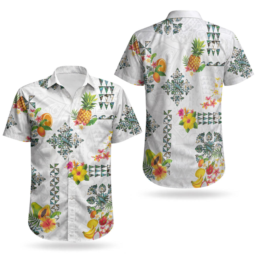 Hawaiian Quilts Couples Matching Off Shoulder Short Dress and Hawaiian Shirt Tropical Fruits and Plants