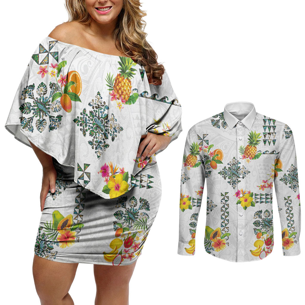 Hawaiian Quilts Couples Matching Off Shoulder Short Dress and Long Sleeve Button Shirt Tropical Fruits and Plants