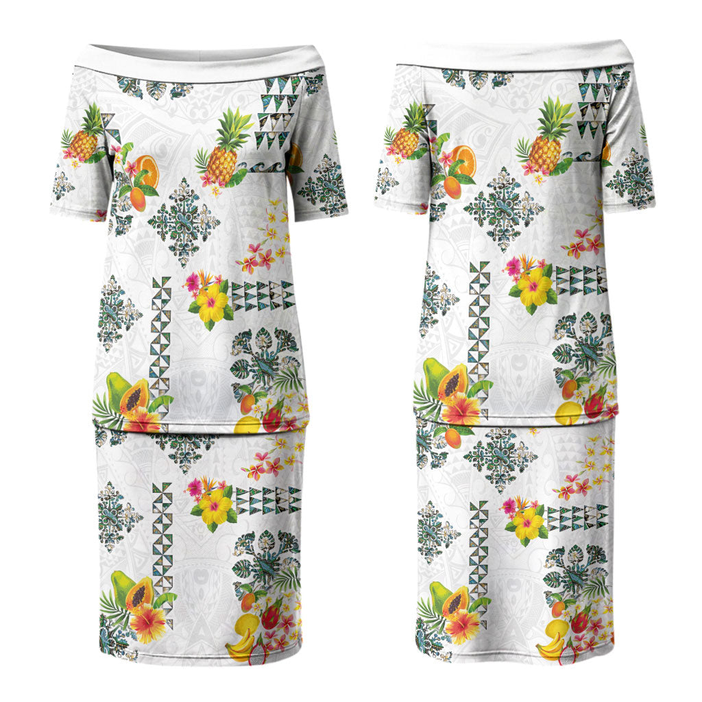 Hawaiian Quilts Couples Matching Puletasi and Hawaiian Shirt Tropical Fruits and Plants