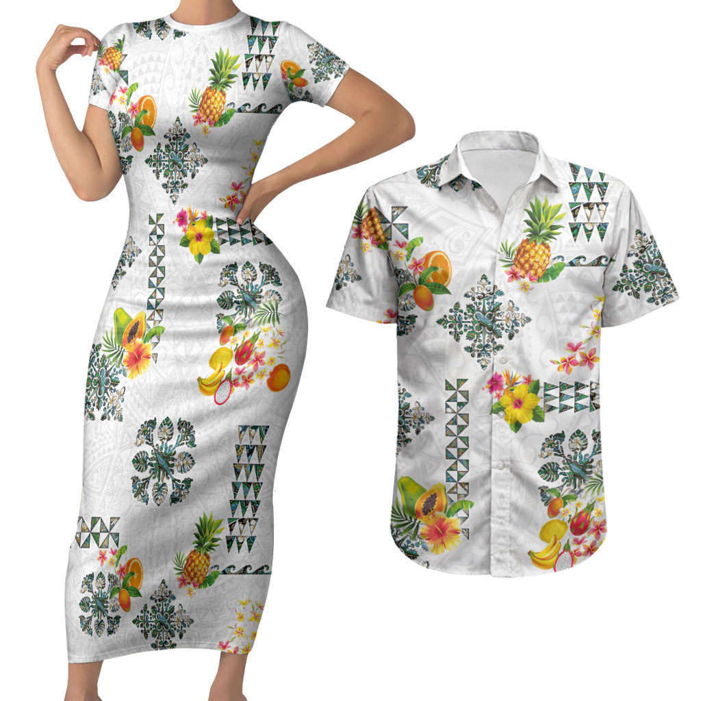 Hawaiian Quilts Couples Matching Short Sleeve Bodycon Dress and Hawaiian Shirt Tropical Fruits and Plants