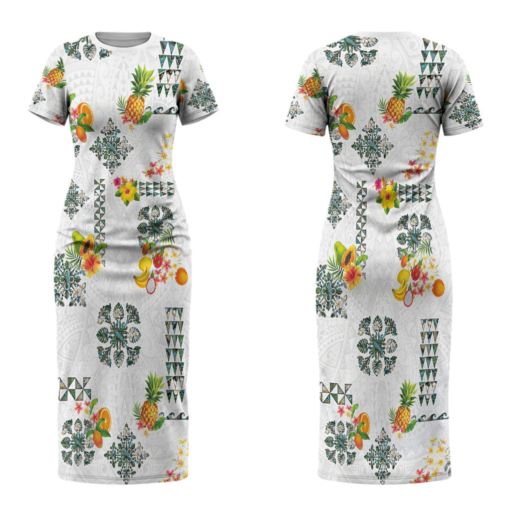 Hawaiian Quilts Couples Matching Short Sleeve Bodycon Dress and Hawaiian Shirt Tropical Fruits and Plants