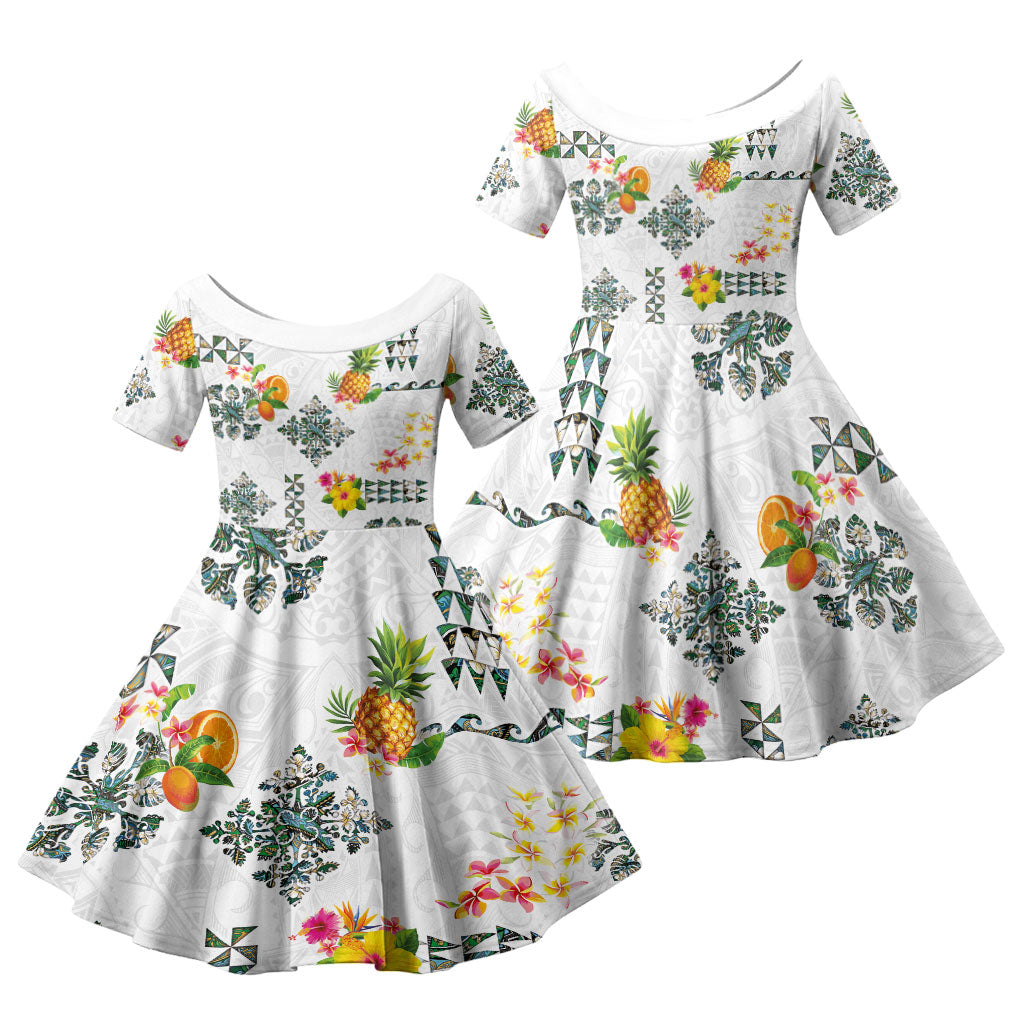 Hawaiian Quilts Family Matching Off The Shoulder Long Sleeve Dress and Hawaiian Shirt Tropical Fruits and Plants