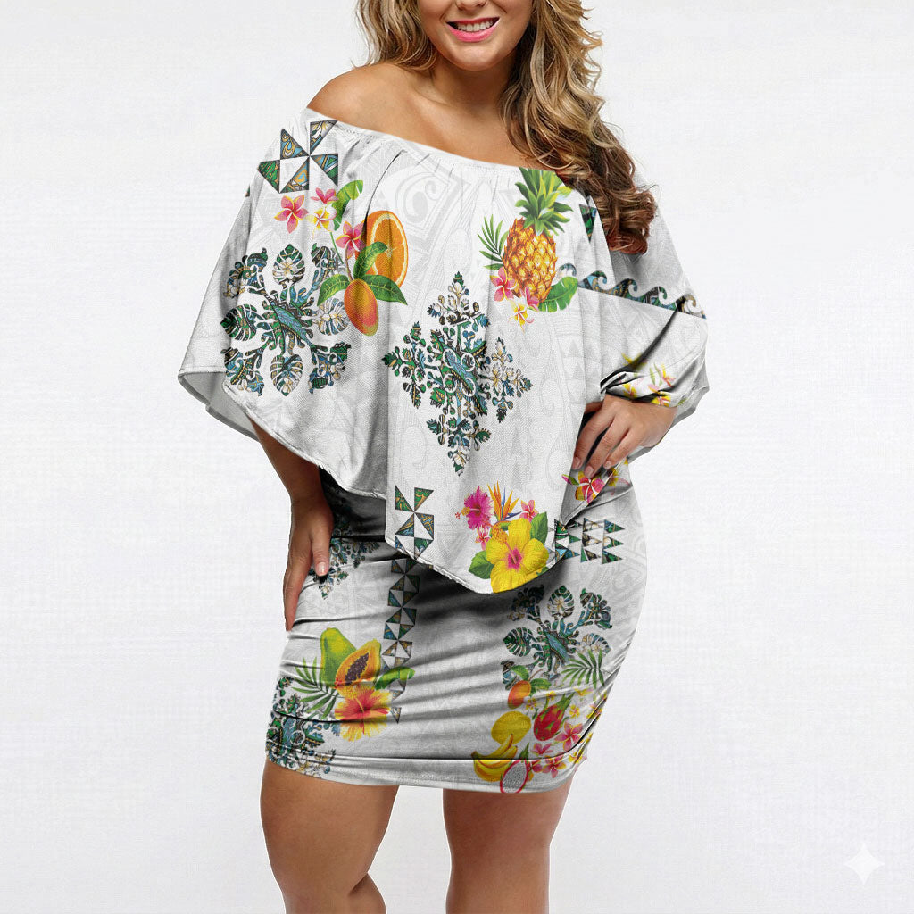 Hawaiian Quilts Off Shoulder Short Dress Tropical Fruits and Plants