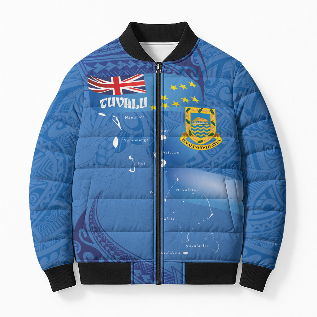 Tuvalu Heritage Bomber Puffer Jacket Map of the Islands and Polynesia Pattern LT03 Unisex Blue - Polynesian Pride