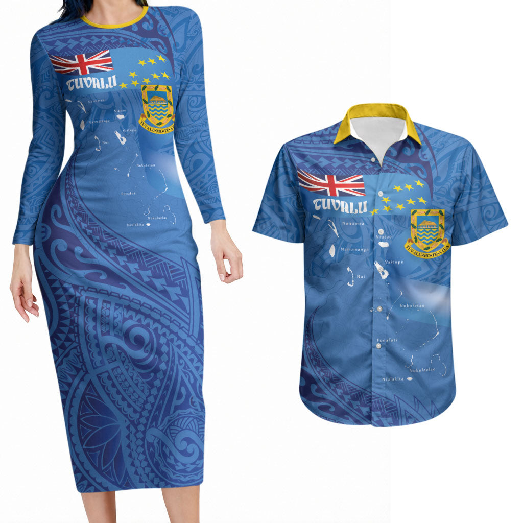 Tuvalu Heritage Couples Matching Long Sleeve Bodycon Dress and Hawaiian Shirt Map of the Islands and Polynesia Pattern LT03 Blue - Polynesian Pride