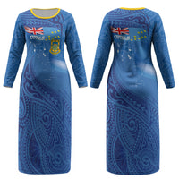 Tuvalu Heritage Couples Matching Long Sleeve Bodycon Dress and Hawaiian Shirt Map of the Islands and Polynesia Pattern