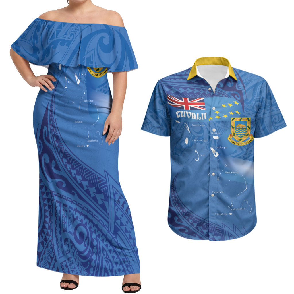 Tuvalu Heritage Couples Matching Off Shoulder Maxi Dress and Hawaiian Shirt Map of the Islands and Polynesia Pattern LT03 Blue - Polynesian Pride