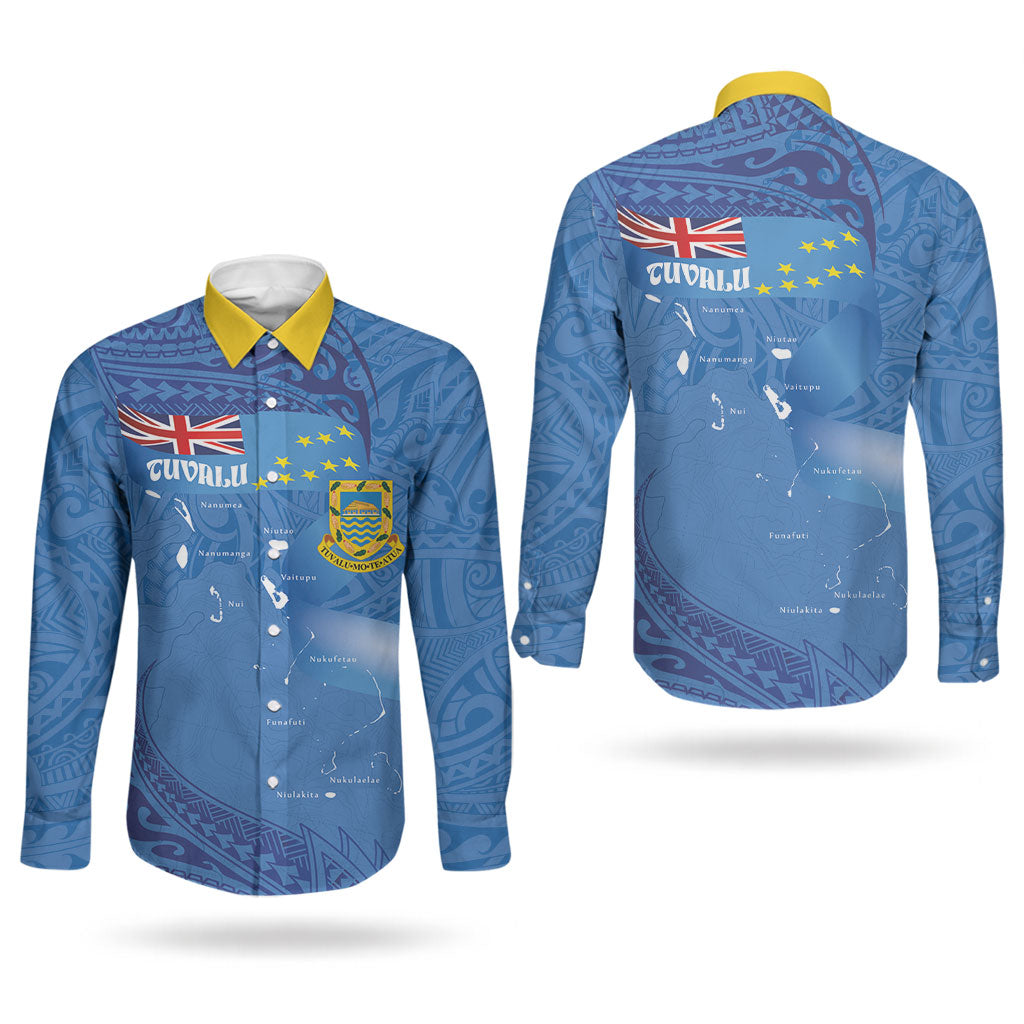 Tuvalu Heritage Couples Matching Short Sleeve Bodycon Dress and Long Sleeve Button Shirt Map of the Islands and Polynesia Pattern