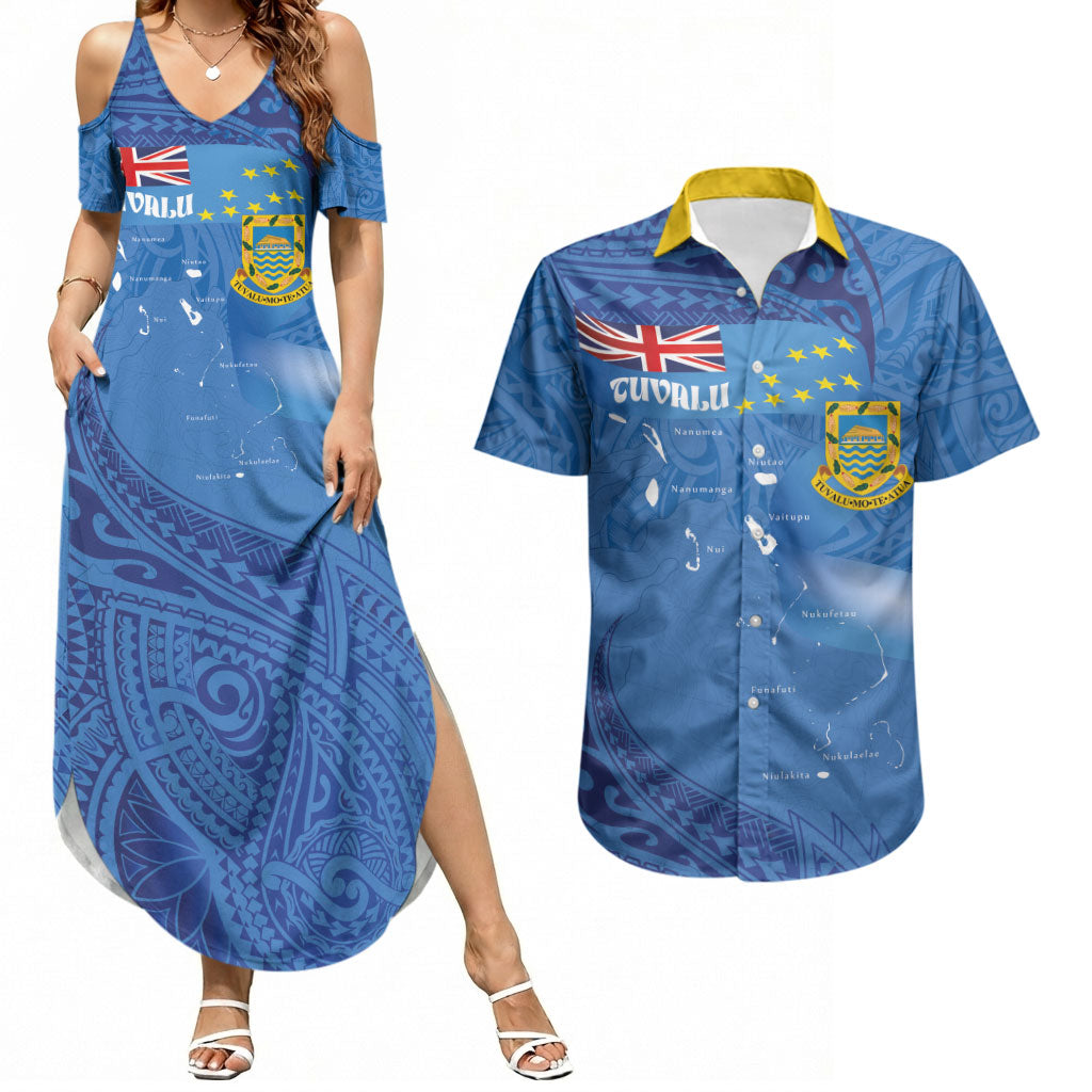 Tuvalu Heritage Couples Matching Summer Maxi Dress and Hawaiian Shirt Map of the Islands and Polynesia Pattern
