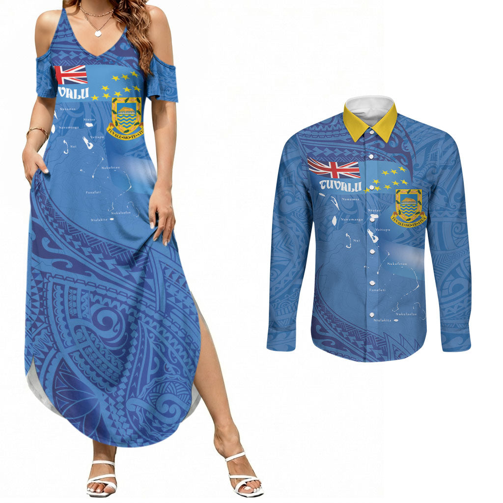 Tuvalu Heritage Couples Matching Summer Maxi Dress and Long Sleeve Button Shirt Map of the Islands and Polynesia Pattern
