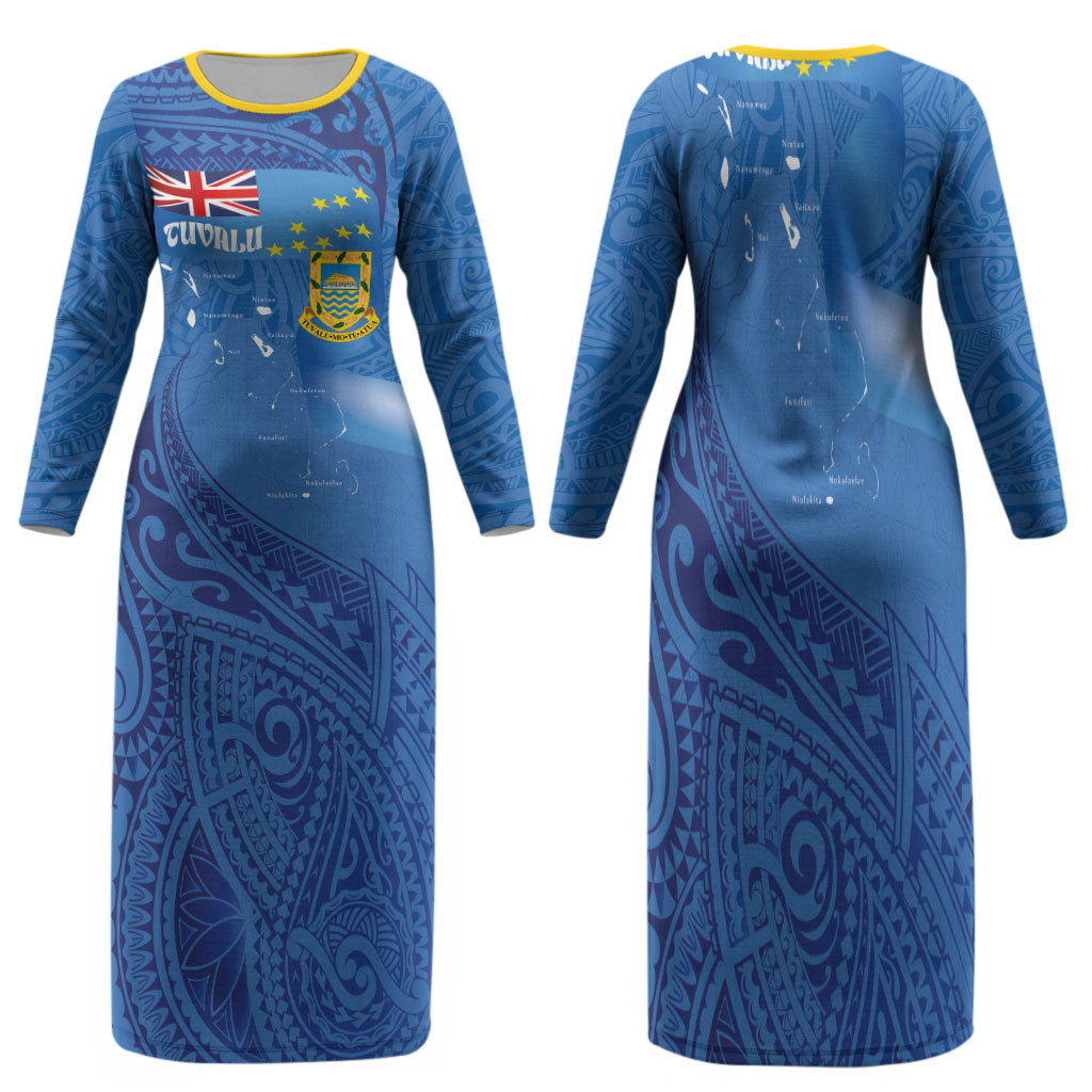 Tuvalu Heritage Family Matching Long Sleeve Bodycon Dress and Hawaiian Shirt Map of the Islands and Polynesia Pattern